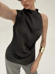 Aloruh Women's Plain Pleated Loose Sleeveless Shirt Summer Summer Outfits Summer Clothes Black Color Workplace Commuting Simple And Elegant