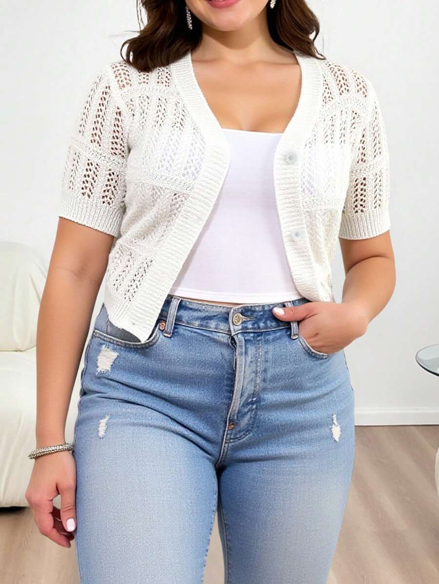 INAWLY Plus Size Women Hollow Out Short Sleeve Single Breasted Knit Cardigan - White - View 1