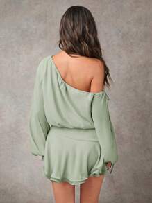 Vestido corto informal para mujer con cuello asimétrico, mangas farol y volante en el bajo, atuendo casual para brunch, vestidos de mujer para otoño, vestido para fiesta de té - verde menta - Ver 2