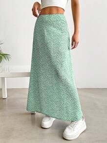SHEIN EZwear 女士碎花喇叭裙，度假和休闲装 - 綠色 - 查看 4