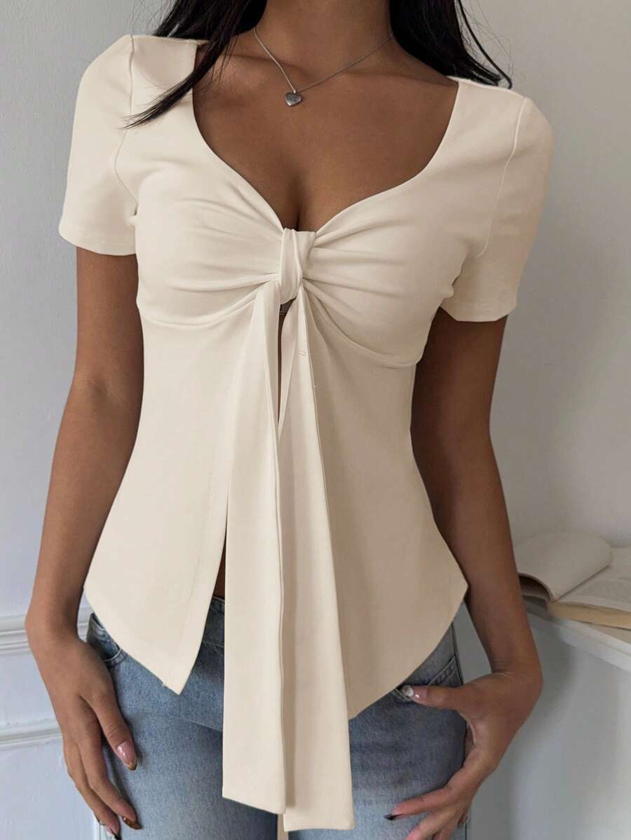 SHEIN EZwear 女士时尚杏色针织系带开衩下摆短袖 T 恤 - 杏色 - 查看 1