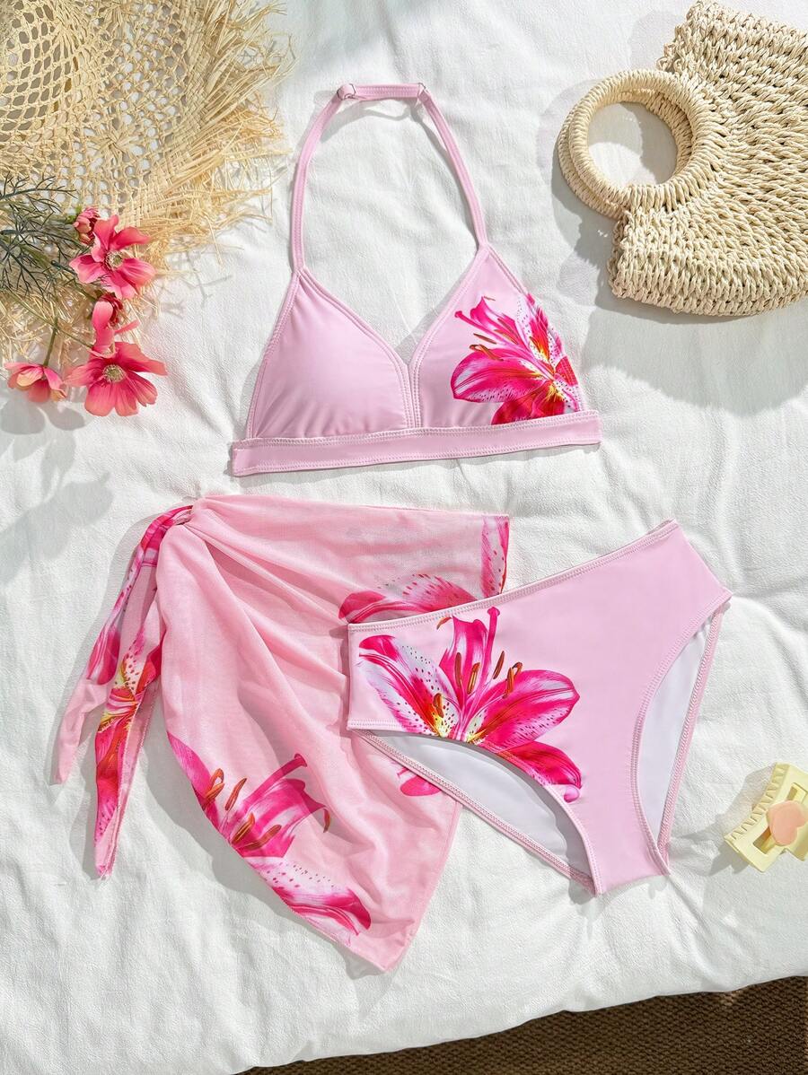 SHEIN 3 Stücke Set Bikini für Teenager Mädchen mit floralem Muster und dreieckigem Oberteil, inklusive Strandüberwurf, geeignet für Urlaub, retro, Strand, Ozean, Eleganz und Niedlichkeit - Verschiedenfarbig - Übersicht 1