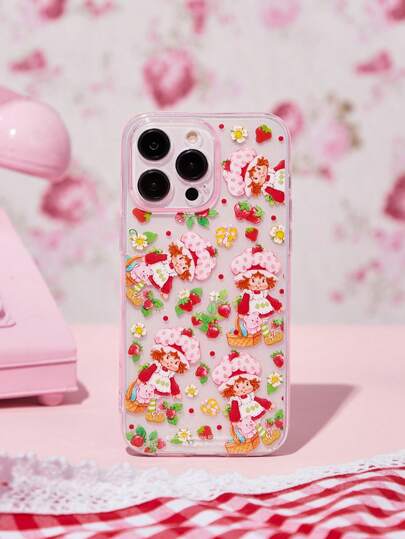 Strawberry Shortcake X SHEIN Cute Transparent Pink Fashion Mobile Phone Case - Strawberry Doll Print Protective Cover Design, Compatible With Iphone