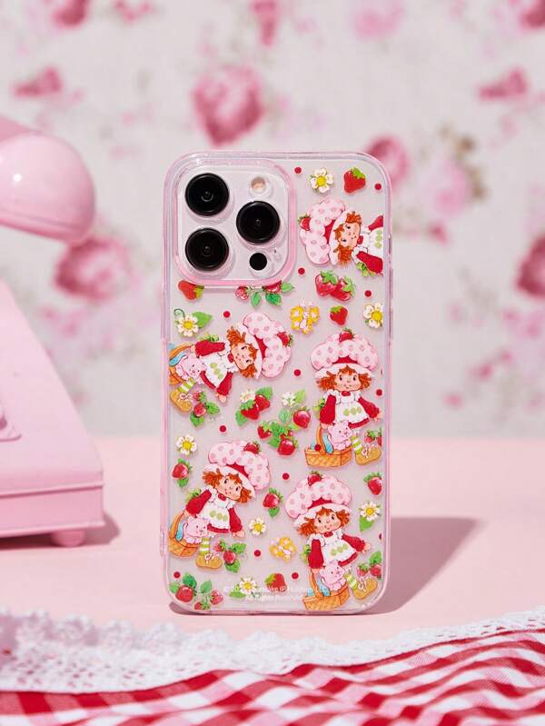 Strawberry Shortcake X SHEIN Funda de teléfono móvil de moda transparente rosa con diseño de estampado de muñeca con fresa, compatible con iPhone