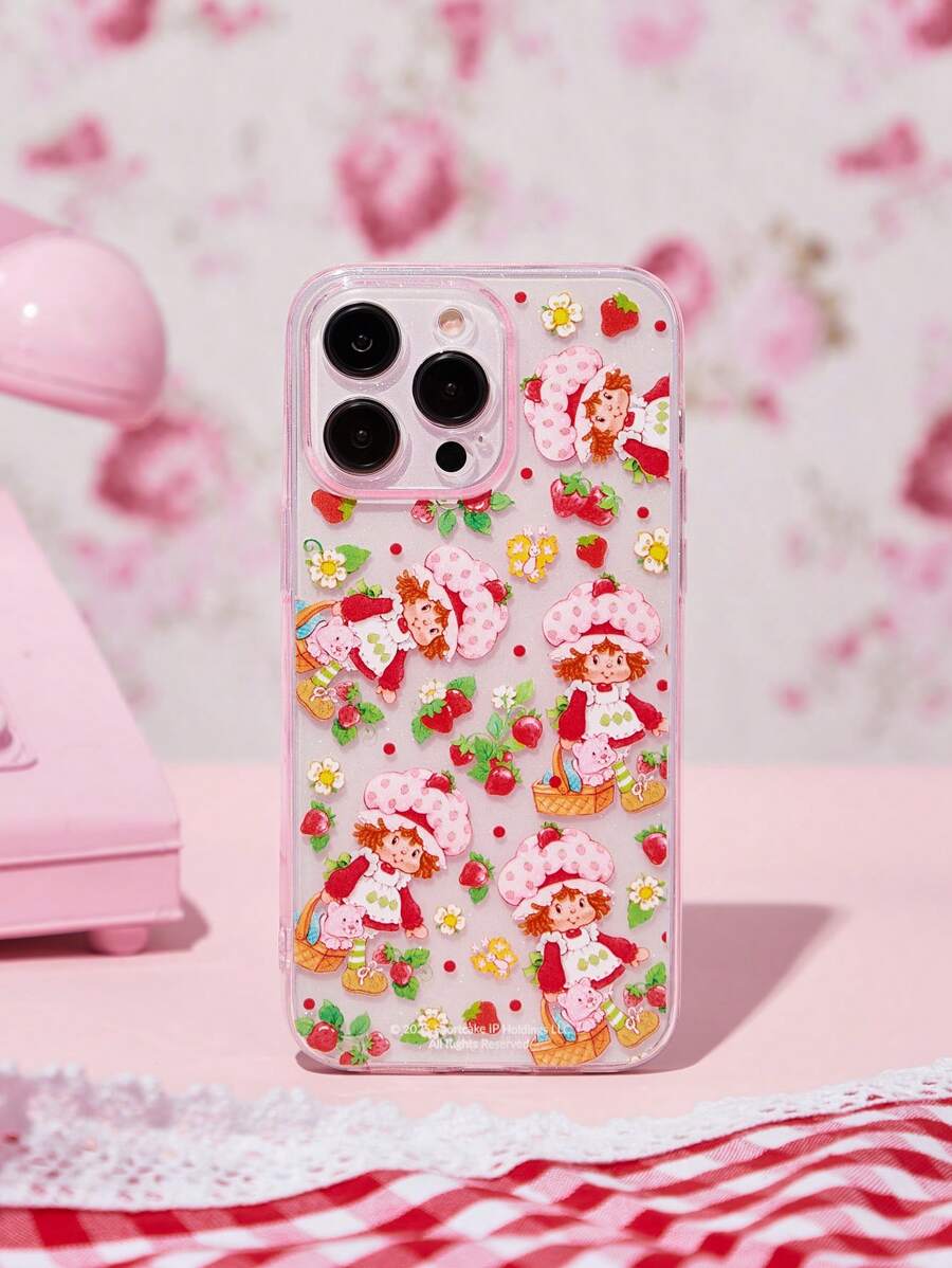 Strawberry Shortcake X SHEIN Cute Transparent Pink Fashion Mobile Phone Case - Strawberry Doll Print Protective Cover Design, Compatible With Iphone,Gift Ideas, Summer / Spring ,Beach, Vacation - Baby Pink - View 1