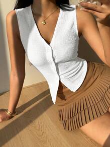 SHEIN EZwear 女士休闲白色针织纹理 V 领无袖上衣 - 白色 - 查看 4