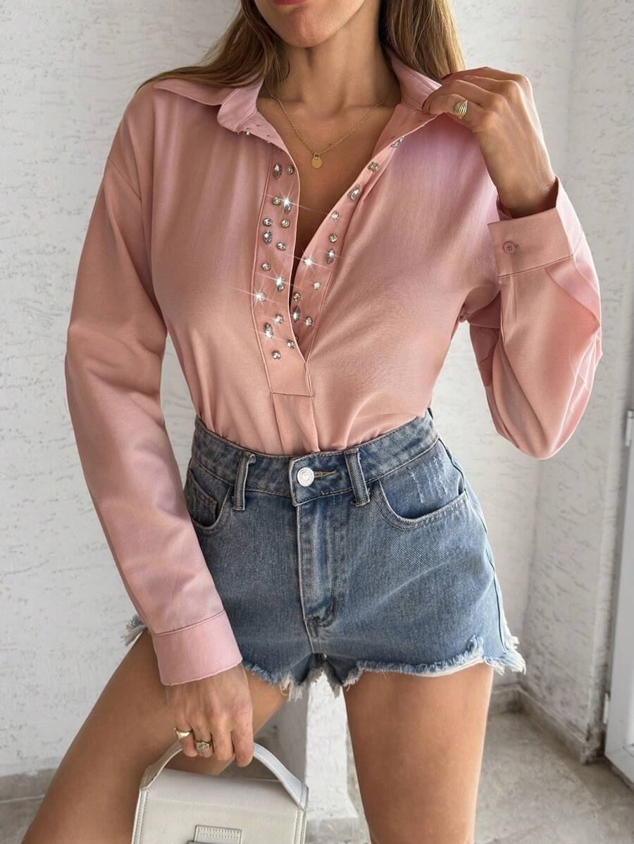 EURMUSE Women's Solid Rhinestone Elegant Blouse - White - View 1