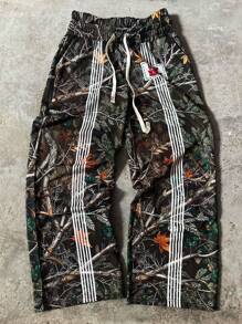 PAVTROS Men's Young Street Fashion Camouflage Pattern And Contrast Line Print Loose Drawstring Waistband Sweatpants, Double Waistband Design. Men's Wide Leg Pants, Men's Straight Pants. Suitable For Daily Wear, Going Out, Sports And Leisure, School, Party, Music Festival, Leisure. Can Be Used As A Gift For Friends, Boyfriends, - Yellow - View 1