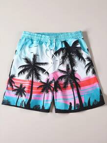 Manfinity Chillmode Men's Boho Beach Shorts: Multicolor Short Fabric Shorts With Rib-Knit Details And Tropical Sunset Print - Multicolor - View 2