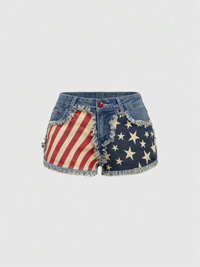 ROMWE Avant Retro American Flag Print Ultra-Short Shorts, Vintage Vixen Style