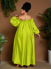 Maweii Plus Size Elegant Solid Color Off-Shoulder Lantern Sleeve Dress Fall Cloth For Women - Green - View 2
