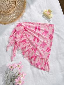 Tween Girls Bow Print Ruffled  Cover Up Beach Skirt - Pink - View 1