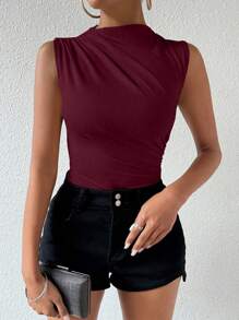VaVaBold Women's Solid Color Casual Ruched Sleeveless Bodysuit - Burgundy - View 8