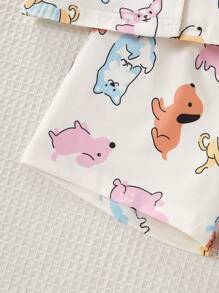 2pcs/Set Girls' Casual Fashionable Full Print Puppy Doodle Pattern Open Front Short Sleeve Top And Shorts Pajama Set