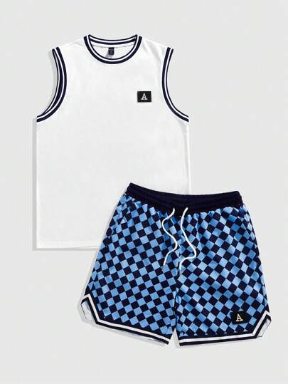 Street Life 2 pièces Ensemble décontracté pour homme - Débardeur col rond à imprimé lettre et short avec patch