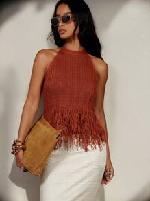 COSMINA Women Solid Color Backless Fringe Hem Knit Camisole Top