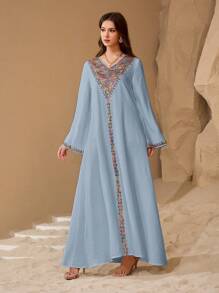 Al Najma Spring/Summer V-Neck Flare Sleeve Hand-Knit Sequins Embroidered Flowy Dress, Modest - Dusty Blue - View 5