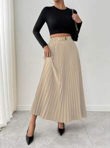 SHEIN Clasi تنورة طويلة مكسرة بلون أحادي أنيق بسيط - لون مشمشي - مشاهدة 4