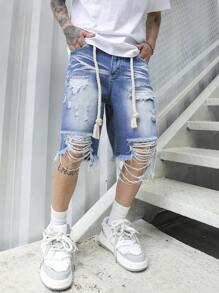 Manfinity Roughcore 男式宽松棉质破洞毛边牛仔短裤，emo 风格