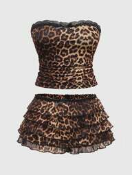 ROMWE J-Fashion Y2K Harajuku Leopard Print Tankini & Shorts 2Pcs Plus Size Set For Women