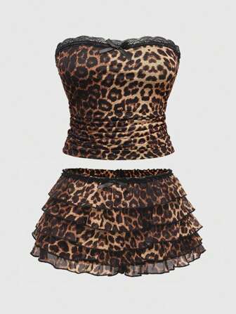 J-Fashion Y2K Harajuku Leopard Print Tankini & Shorts 2Pcs Plus Size Set For Women