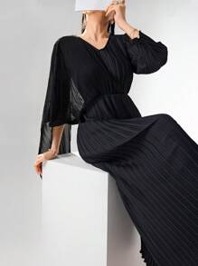 Modelyn Women's Solid Color V-Neck Stitching Draped Ruched Wide Leg Elegant Jumpsuit - Black - View 6