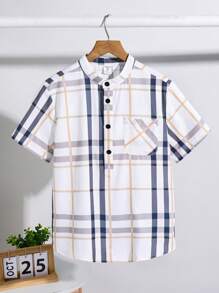 SHEIN Tween Boy Casual College Plaid Stand Collar Short Sleeve Half-Placket Shirt, Suitable For Commuting, School, Everyday Casual Wear, Sports, Spring & Summer - White - View 2