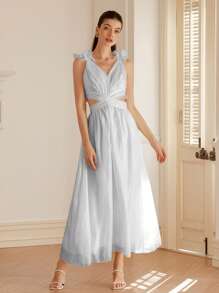 Aveloria Rosie Sexy Italian Solid Color Cross Strap Backless V-Neck Mermaid Dress, Satin Sheen, Sleeveless For Women Elegant FashionableOld Money Style Fall Cloth For Women