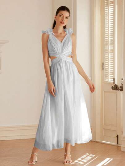 Aveloria Rosie Sexy Italian Solid Color Cross Strap Backless V-Neck Mermaid Dress, Satin Sheen, Sleeveless For Women Elegant FashionableOld Money Style Fall Cloth For Women