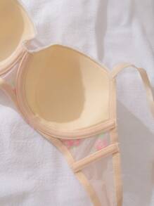 女士优雅花卉刺绣透明内衣文胸 - 粉色 - 查看 4