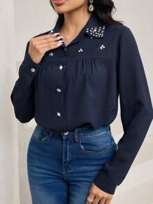 Al Najma Áo nữ trang trí hạt cườm thanh lịch theo phong cách Ả Rập - Màu xanh lam - Xem 4