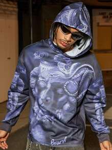 PAVTROS Manfinity Streetrush Men Street Style Large Pattern Full-Print Snake Plaster Human Head Hooded Sweatshirt, Suitable For Friends, Boyfriends - Black - View 6