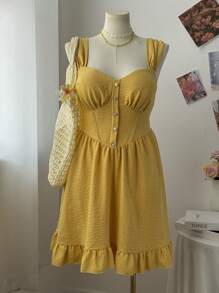 Flirla 新款优雅法式春季连衣裙，搭配迷人发夹公主设计，吊带领甜美度假迷你连衣裙，合身喇叭下摆 - 黃色 - 查看 1