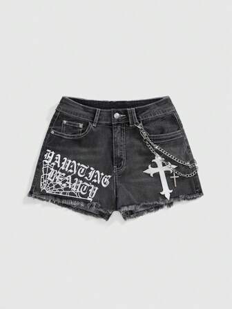 Grunge Punk Pantalones cortos vaqueros informales con bolsillo, flecos y estampado de letras y cruces para mujer talla grande