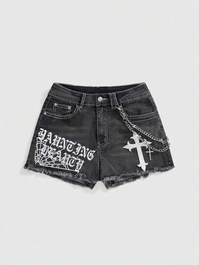Grunge Punk Shorts di jeans casual con stampa di lettere e croci, con tasche e frange, per taglie forti donne