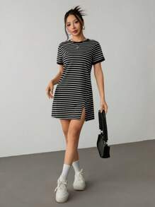 SHEIN PETITE Striped Print Colorblock Trim Summer Short Sleeve Dress,Rave Outfits Festival,Summer Dresses For Women - Black and White - View 6