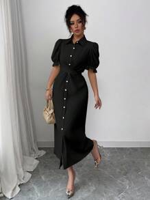 Selianne Elegant French Style Casual Day Versatile Collared Cross Tie Flounce Puff Sleeve Open Front Dress, Buttercup Yellow For Women, Spring/Summer - Black - View 6