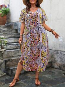 Plus Size Peplum Hem Printed Vacation Leisure Dress Maxi Women Outfit - Orange - View 3