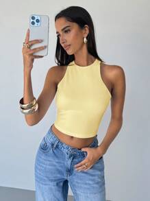 Aloruh Women's Backless Criss-Cross Tank Top, Solid Color Minimalist Fashion, Suitable For Summer,Rave Top - Yellow - View 2