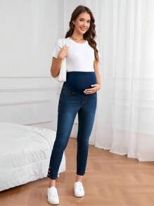 SHEIN Maternity Solid Color Casual Denim Jeans, Suitable For Pregnant Women In Summer - Dark Wash - View 7