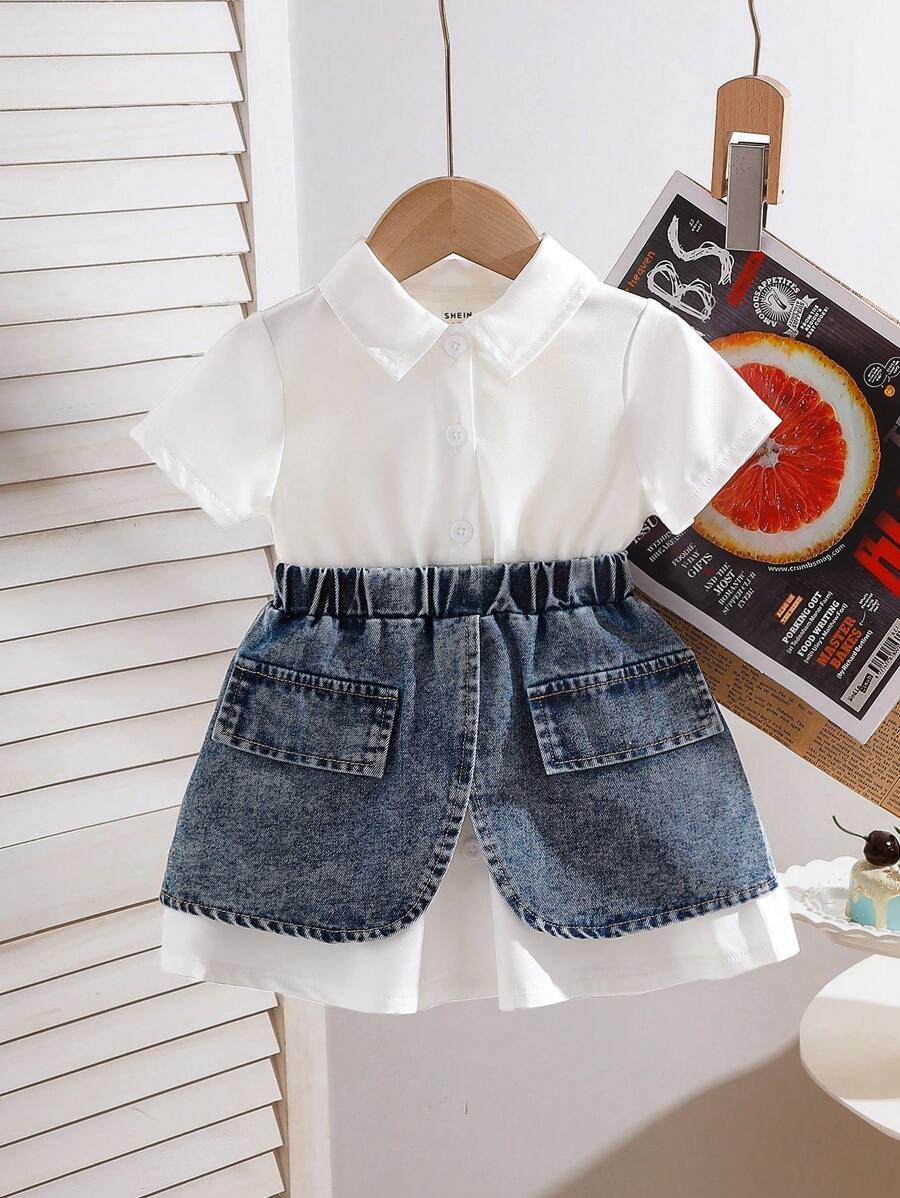 SHEIN Playful Pals Baby Girls' Summer Fashionable Collared White Short Sleeve Woven Top And Denim Skirt 2 Pieces Set - Multicolor - View 1