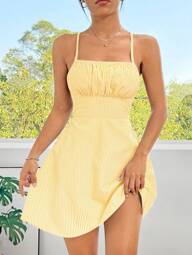 SHEIN EZwear Vestido camisero informal de verano de línea A, escote espalda descubierta y mini falda a rayas para vacaciones