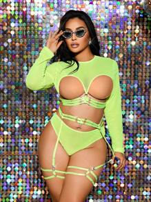 SHEIN Conjunto de 5 piezas de lencería en talla grande de unicolor, sexy y con abertura de malla - Verde - Ver 5
