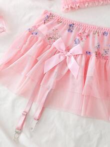 Spicy Aura 4pcs/Set Romantic Floral Print Lace Cross-Tied Sexy Lingerie Set For Women, Valentine's Day - Pink - View 5