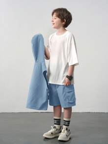 SHEIN Leap Crew 3 peças Tween Boy Casual Colete, Camiseta de Manga Curta, Conjunto de Shorts - Azul Empoeirado - Ver 6