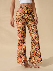 SHEIN PETITE 女士花卉印花高弹针织紧身喇叭裤，适合度假和夏季