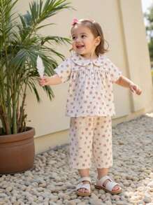 2pcs Baby Girls Simple Fresh Pink Ditsy Floral Peter Pan Collar Short Sleeve And 3/4 Pants Casual Homewear Set Baby Baby Girls Sets Baby Clothes Set Sets For Baby Girls Baby Clothing Baby Girls Sets - Pink - View 1