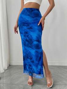 Chiquease 女士渐变印花休闲开衩侧裙 - 藍色 - 查看 4
