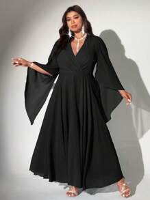 Viva Relle 大码女式纯色 V 领长袖优雅连衣裙