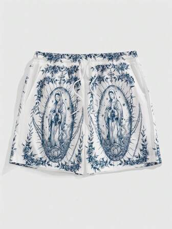 Street Life Pantalones cortos sueltos con cordón en la cintura y estampado de la Virgen María para hombre